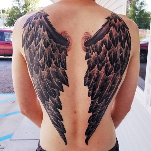 Black angel and devil wings heart isolated tattoo Vector Image