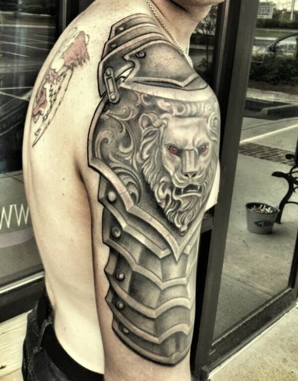 Roman Armor Half Sleeve Chest Back Piece Tattoo Design Designer Andrija  Protic  Tatuagem de armadura no ombro Armadura ombro Tatuagem de armadura